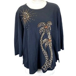 Quacker Factory Shirt Top Womens 1X Black Sequin Wood Beads 3/4 Sleeve Stretch